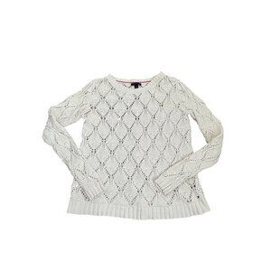 Tommy Hilfiger Womens Ivory Diamond Knit Sweater M 100% Cotton Long Sleeve Pullo